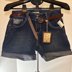 Earl Jean Womens Blue Denim Shorts Sz 6 Dark Wash Cuffed Embroidered Pocket NEW